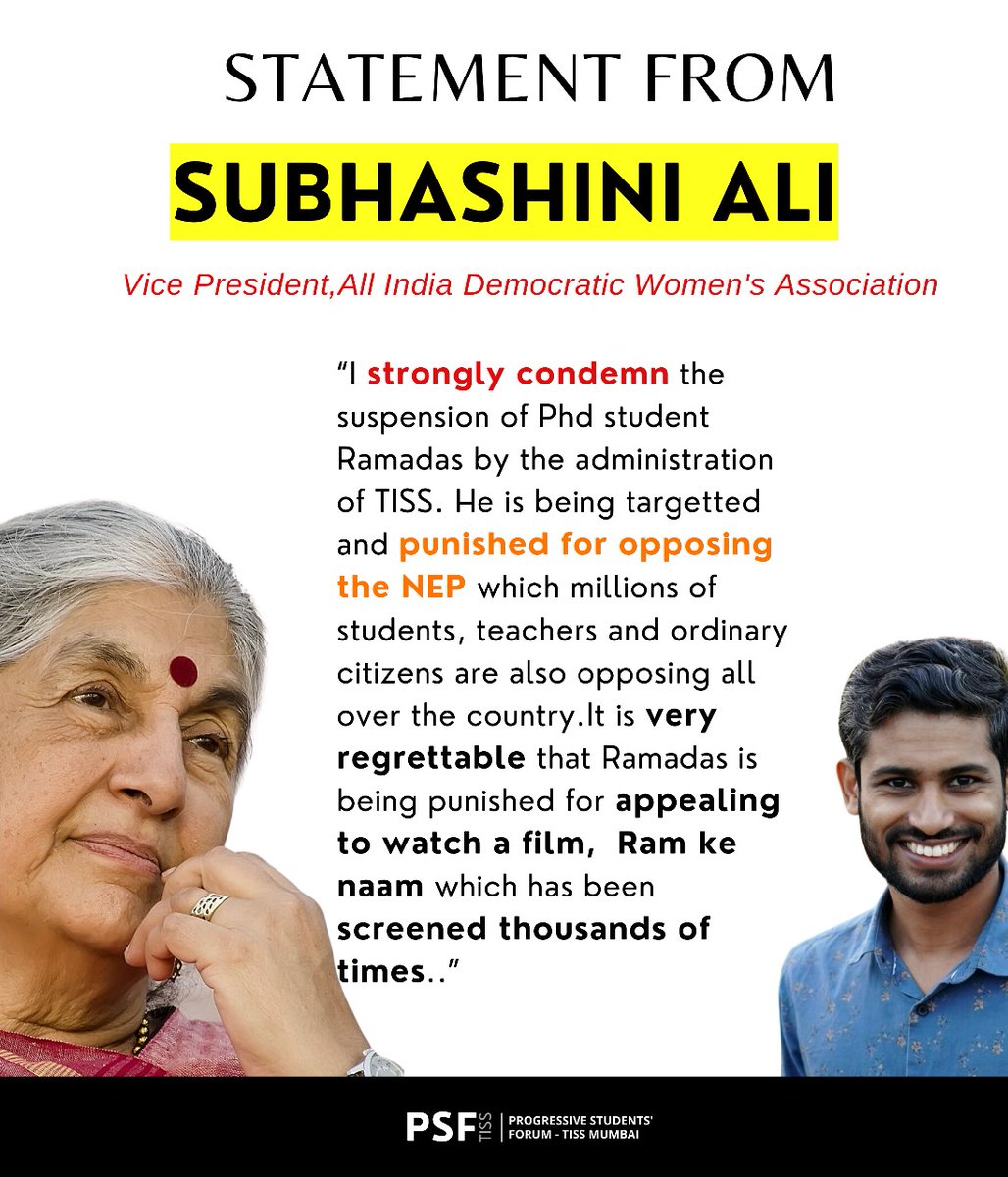 psftiss's tweet photo. @SubhashiniAli, Vice President of All India Democratic Women's Association extends solidarity to @ramadas_p_s against the two year suspension and debarment by TISS administration!✊

#JusticeforRamadas
#injusTISS
#RevokeSuspension https://t.co/ClPHMpiZgQ