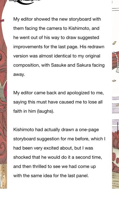 Can't you all even read? Kishimoto only redrew the last panel because the editor asked kishimoto to do it and kishimoto had drawn only one page storyboard suggestion before (the cover)