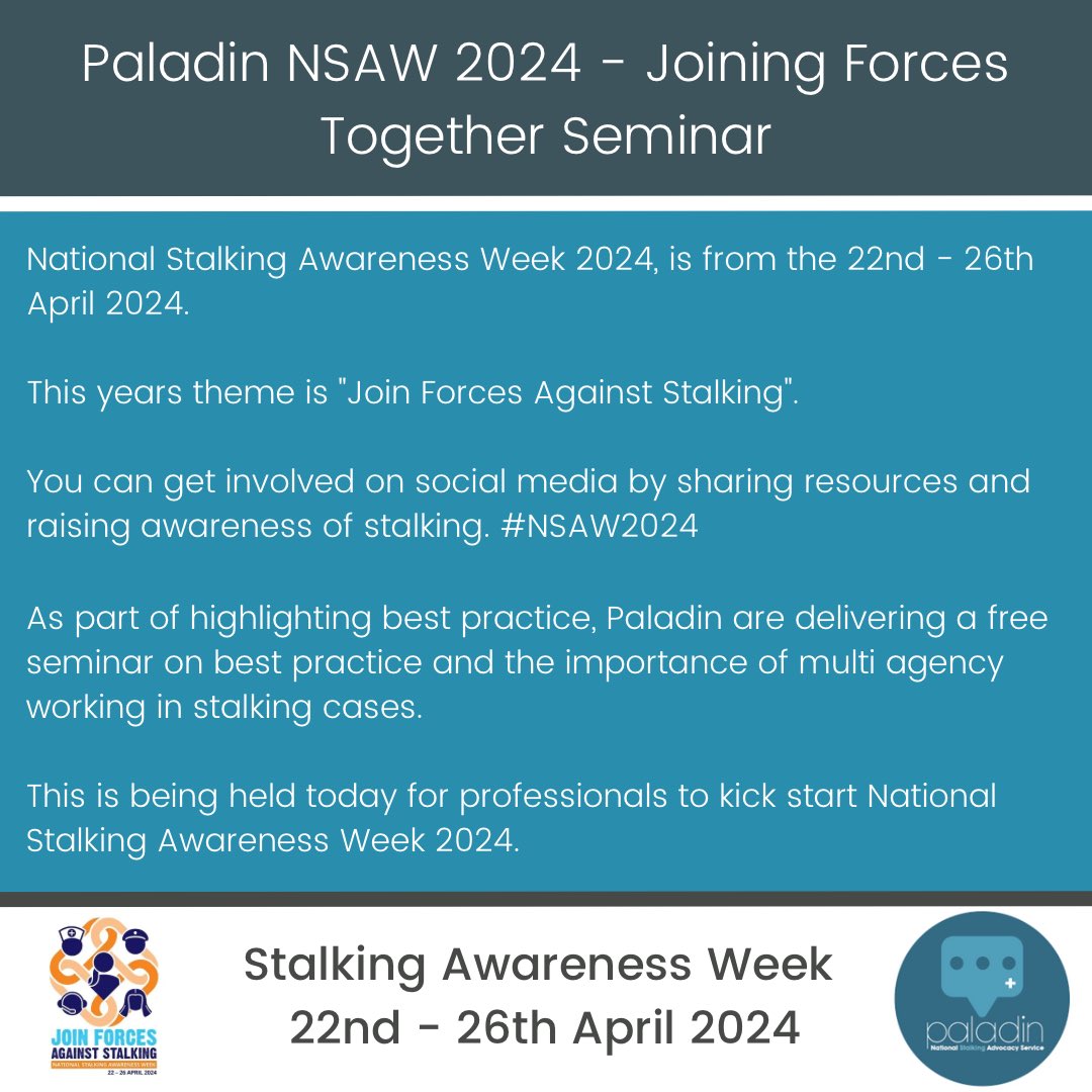 paladinservice's tweet image. Join Forces Against Stalking” is focusing on how effective multi-agency working is crucial for ensuring victims of stalking are supported from their point of disclosure right through until a conviction and beyond.

#NSAW2024 #JoinForcesAgainstStalking