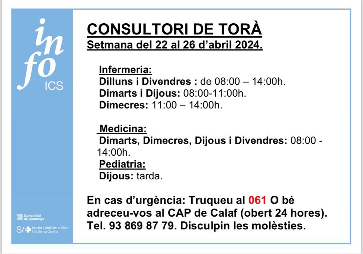 Horaris del consultori mèdic del 22 fins al 26 d'abril👇