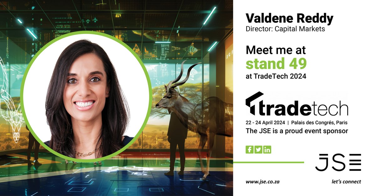 JSE_Group's tweet photo. Meet @ValdeneReddy, the JSE’s Director of Capital Markets at stand 49 @TradeTech, the only place where you can network with over 1000 senior equity trading professionals from the global equity trading community.
#TradeTech2024 https://t.co/2O2OFaXLEZ