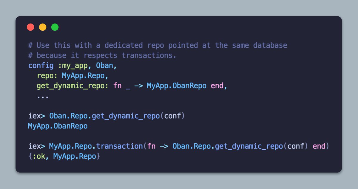 After our #ElixirConfEU talk, many people asked how a dedicated Oban repo works with transactions. That's a slide failure on our part, and it'll be in the scaling guide.

The trick is using the get_dynamic_repo option: