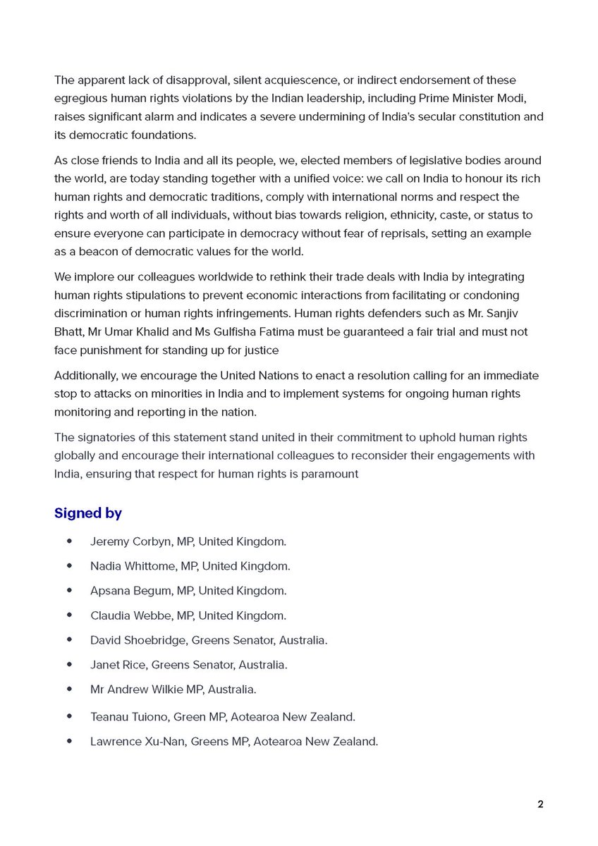 This is Shweta Sanjiv Bhatt, MPs from the United Kingdom, Australia and New Zealand united in a powerful Joint Parliamentary Statement raising concerns regarding the human rights violation in India and the continued unjust incarceration of human rights defenders like Mr. Sanjiv