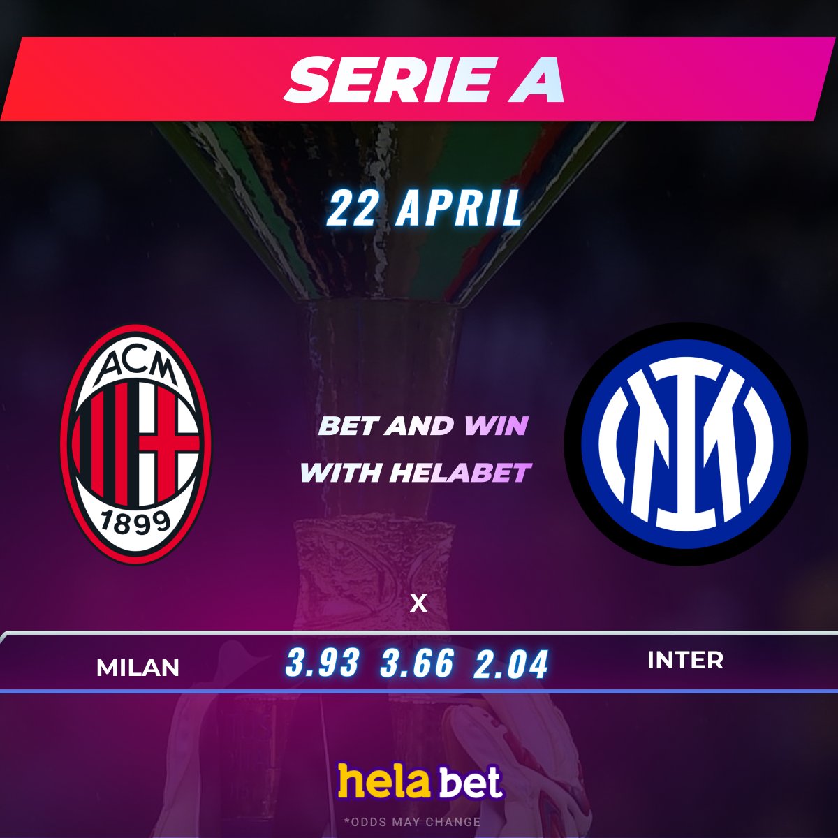 🇮🇹 Serie A 🇮🇹 ⚽ Milan VS Inter 👉 Milan are unbeaten in 8 of their last 10 matches at home ❓Who will be the winner of the match? 👍Place a bet in #Helabet 👉 cutt.ly/UwY8h1uG #seriea #football #betting
