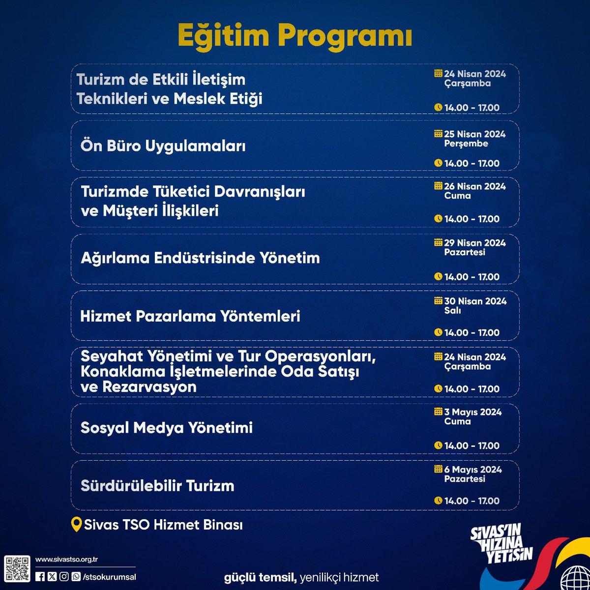 TURİZMDE SİVAS’IN HIZINA YETİŞ Projemiz kapsamında düzenlenecek olan eğitim programı 24 Nisan – 6 Mayıs 2024 tarihleri arasında gerçekleştirilecektir.