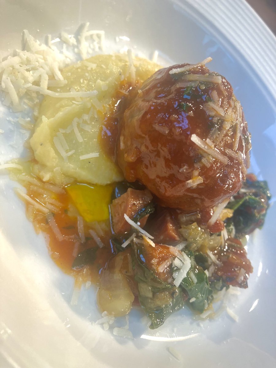 Trim from veal fillets makes meatballs, flavoured with anchovy, lemon zest, garlic and sage, with Parmesan polenta, chorizo and fennel