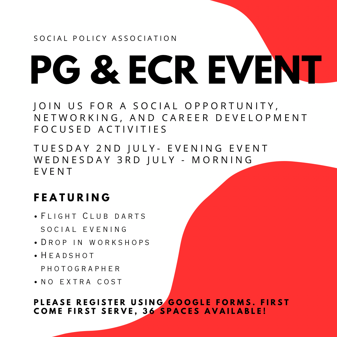 📢At the SPA 2024 conference we are delighted to offer dedicated events for PG students and early career researchers: - Social event on the eve of Tue 2nd July. - Networking & careers workshop, Wed 3rd July. - Professional headshots. Into and sign-up: social-policy.org.uk/spa-conference…