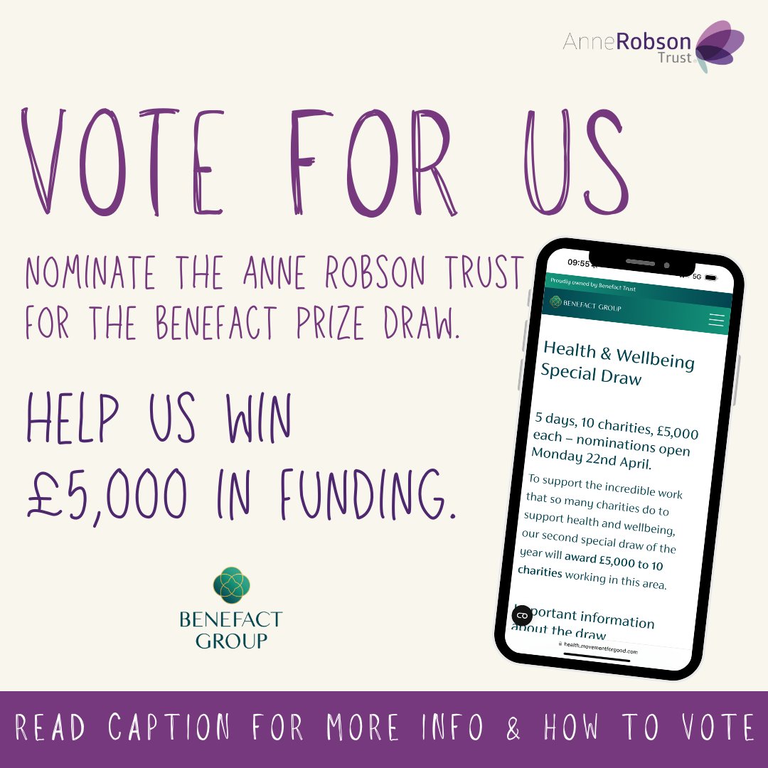 Vote us to win £5,000 in the Benefact Group competition! Your vote can help The Anne Robson Trust set up a new volunteer team, bringing comfort to patients in hospitals 💜 Voting is easy, search for the Anne Robson Trust here: loom.ly/AeMVxE4 #AnneRobsonTrust
