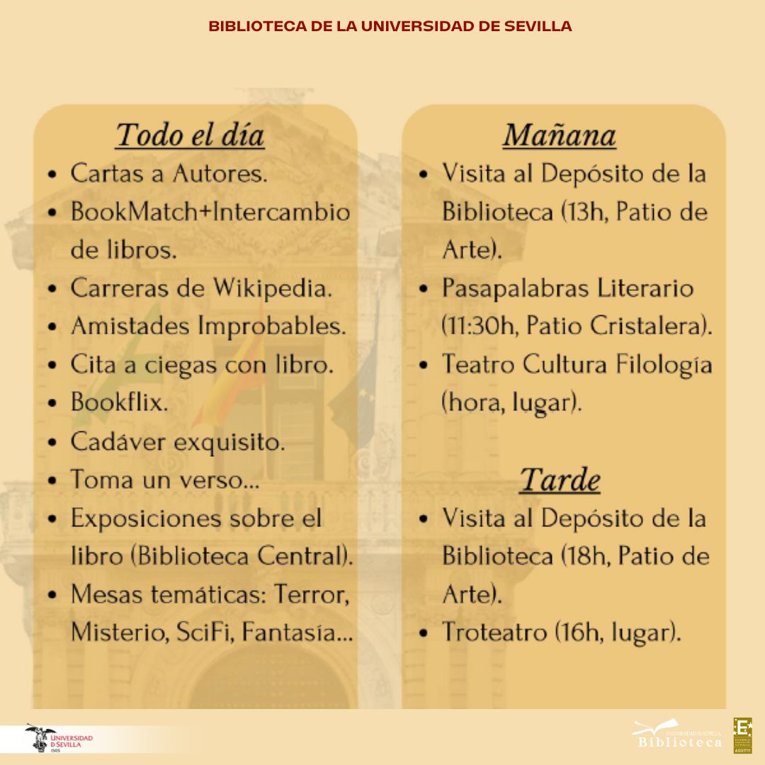 Pásate por la Biblioteca de Humanidades de la @unisevilla en el #DiaDelLibro2024. Han preparado una serie de actividades dedicadas a la lectura. ¿Participas? @InvestigaUS @twitCADUS @DelegaLitterae @DeleFGeH_US 
Y hay otras actividades en más bibliotecas
bib.us.es/noticias/dia-d…