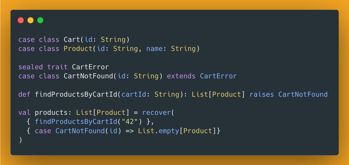 Do you need to generate a default value if a #Scala function raises a logic-typed error? In Raise4s, the 'recover' function does exactly this!

In the next version, we'll also improve the DSL by adding currying and a handful extension function 💖