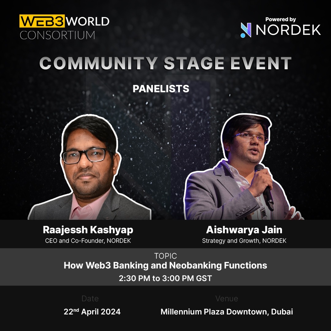 It's time to welcome the first panel of NORDEK for the @W3WC_io event at the #Token2049 🔥 

Topic: How #web3 Banking and Neobanking Functions 🎤

Panelists: Raajessh Kashyap - @Raajesshks, Aishwarya Jain - @ash3003 

22nd April | 2:30 PM to 3:00 PM ⏰