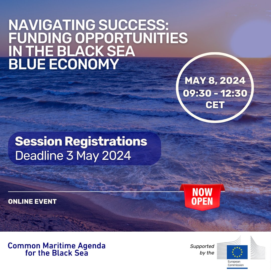 Almost one week left for the Event: 'Navigating Funding Opportunities in the Black Sea Blue Economy'! 📅8.5.2024, 9:30 – 12:30 CET. Sessions on: 🎯Active EU funding opportunities in the Black Sea 🎯Building partnerships for project ideas Register here👉bit.ly/49sCSkB