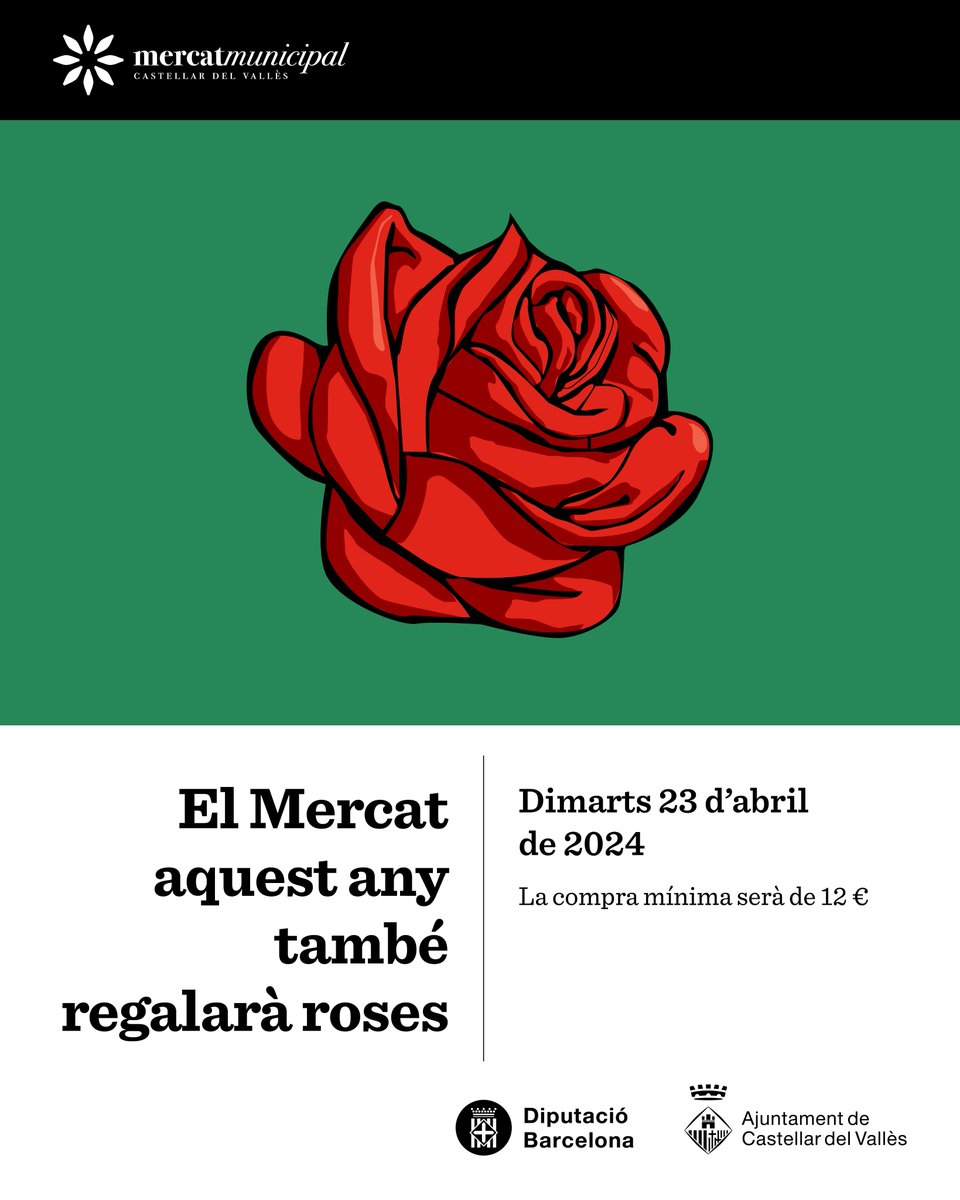 femcastellar's tweet image. 🌹 Saps que el Mercat Municipal regalarà roses demà?

🐉 Serà per compres mínimes de 12 € a les parades!

👉 A més, a les 17.30 h, hi haurà una lectura de dos contes relacionats amb Sant Jordi a càrrec de l'@ETCastellar.

#mercatmunicipal
#CastellardelVallès
#SantJordi