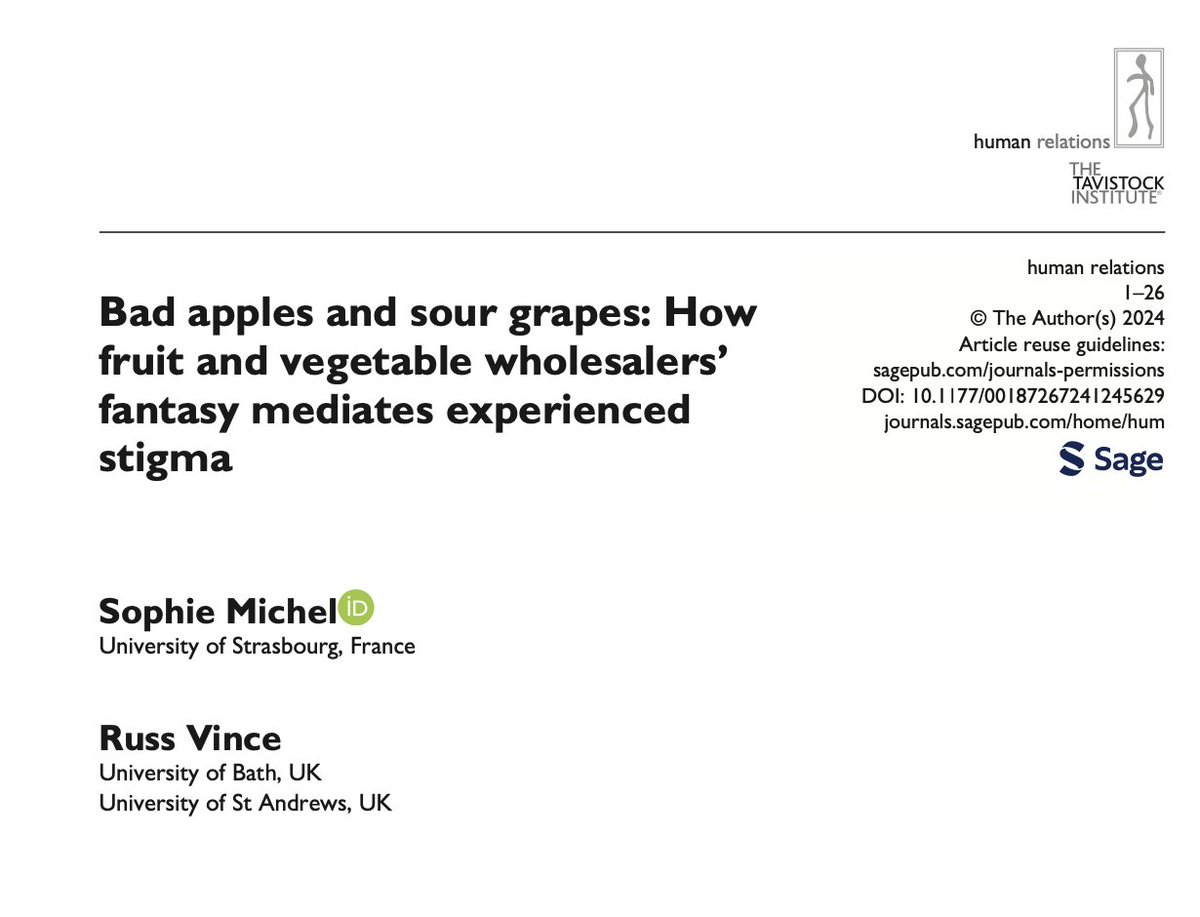 How do organisations that belong to a #stigmatised #industry manage negative #perceptions? Enjoy this new study @HR_TIHR: doi.org/10.1177/001872… 'Bad apples and sour grapes: How fruit and vegetable wholesalers’ fantasy mediates experienced stigma' @T_I_H_R @BathSofM