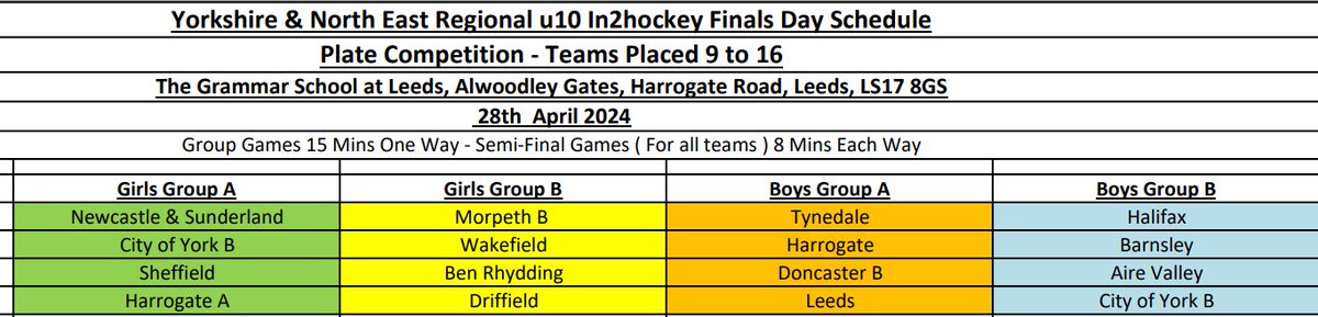 Yorkshire & North East Junior Hockey (@ynejuniorhockey) on Twitter photo This week > 28th April > YNE u10 In2Hockey Plate Finals <a href="/TheGSAL/">The Grammar School at Leeds</a> > <a href="/BarnsleyHockey/">Barnsley Hockey Club</a> <a href="/airedaleHC/">Airedale Hockey Club</a> <a href="/benrhyddingHC/">@BenRhyddingHC</a> <a href="/CoYHCJunior/">CityofYorkHCJunior</a> <a href="/DoncasterHockey/">Doncaster HC</a> <a href="/DriffieldHC/">Driffield HC</a> @HalifiaxHC <a href="/hockeyHarrogate/">Harrogate Hockey</a> <a href="/leedshockeyclub/">Leeds Hockey Club</a> <a href="/MorpethHockey/">Morpeth HC</a> <a href="/sheffieldhc/">Sheffield HC</a> <a href="/TynedaleHockeyC/">Tynedale Hockey Club</a> <a href="/WakefieldHockey/">Wakefield HC</a> This week > 28th April > YNE u10 In2Hockey Plate Finals <a href="/TheGSAL/">The Grammar School at Leeds</a> > <a href="/BarnsleyHockey/">Barnsley Hockey Club</a> <a href="/airedaleHC/">Airedale Hockey Club</a> <a href="/benrhyddingHC/">@BenRhyddingHC</a> <a href="/CoYHCJunior/">CityofYorkHCJunior</a> <a href="/DoncasterHockey/">Doncaster HC</a> <a href="/DriffieldHC/">Driffield HC</a> @HalifiaxHC <a href="/hockeyHarrogate/">Harrogate Hockey</a> <a href="/leedshockeyclub/">Leeds Hockey Club</a> <a href="/MorpethHockey/">Morpeth HC</a> <a href="/sheffieldhc/">Sheffield HC</a> <a href="/TynedaleHockeyC/">Tynedale Hockey Club</a> <a href="/WakefieldHockey/">Wakefield HC</a>