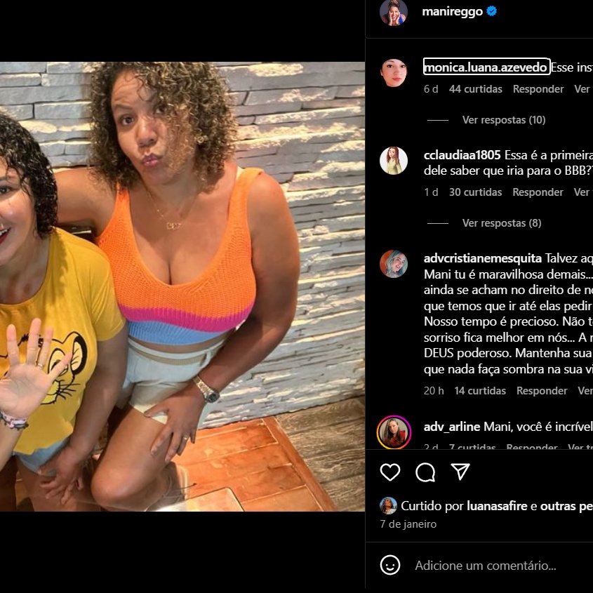 Do Racismo como produto a Davi & Mani quem tá lucrando com fim do casal a Thread ; Janeiro de 2024 : Mani cria seu instagrqm e faz a primeira postagem no dia 7 janeiro , dois dias após o anúncio de Davi como participante do puxadinho do BBB24 .