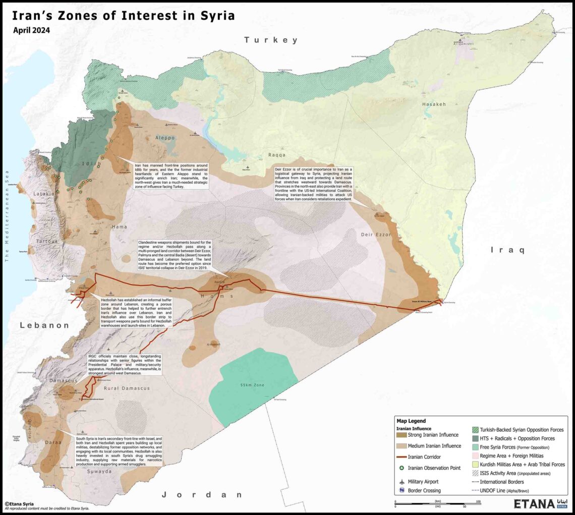 Χάρτης του Etana για την #Syria  κατατοπιστικός για την κατάσταση στα S (N) της χώρας. Πέριξ της περιοχής Daraa, από όπου κατάγεται η πλειοψηφία των Σύρων που παράτυπα μέσω #Lebanon έρχονται στη #Cyprus, υπάρχει το μεγαλύτερο αποτύπωμα #Hezbollah & #Iran:

-Captagon
-όπλα