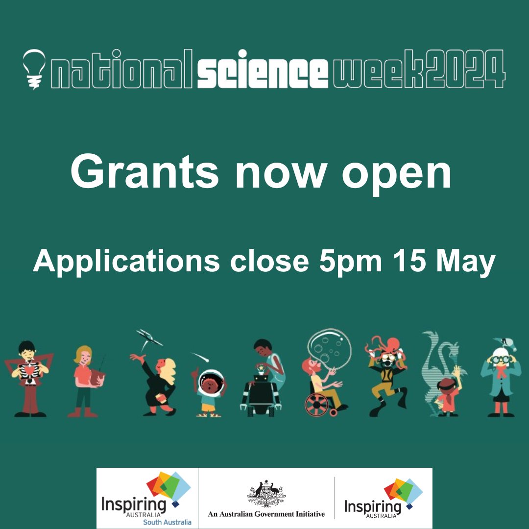The countdown is on for @Aus_ScienceWeek! 10-18 August 2024. 🧪🧫🌱🥼🧬 Get involved - @inspiringSthAus grants of $2500 - $3000 are now available to support your National Science Week events. Apply before 15 May: inspiringsa.org.au/2024/04/09/sa-…
