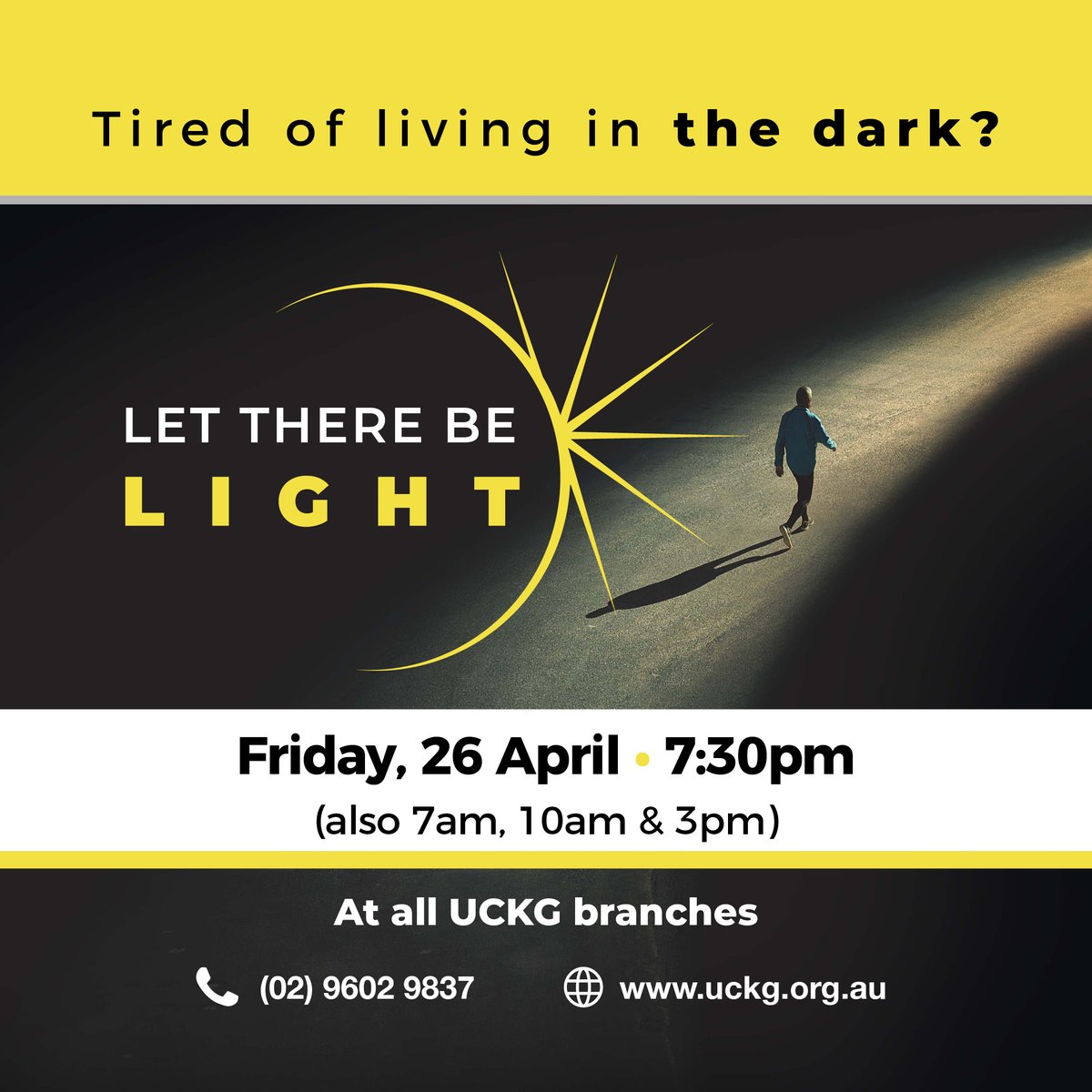 The only thing that eliminates #darkness is #light. Let #God shine His light into your life.

#LetThereBeLight 
📅 Fri, 26 April
⏱ 7:30pm

📍153 Northumberland St, #LiverpoolNSW & all Universal churches

#Sydney #Melbourne #Brisbane #SpiritualAttack #Insomnia #Depression #Peace