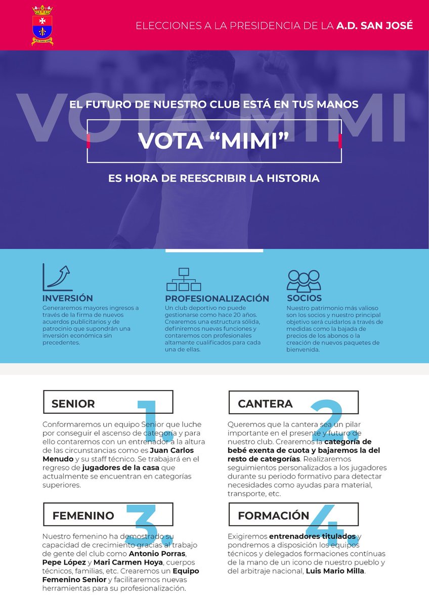 MIMIYESTE13's tweet photo. Después de toda una vida vinculado al club, ha llegado el momento para dar el paso y emprender el mayor reto de mi vida deportiva, mi candidatura a la Presidencia de la A.D. San José. ¡Vamos, A.D. San José! ¡Juntos somos más fuertes! https://t.co/HXZkhwrgxx