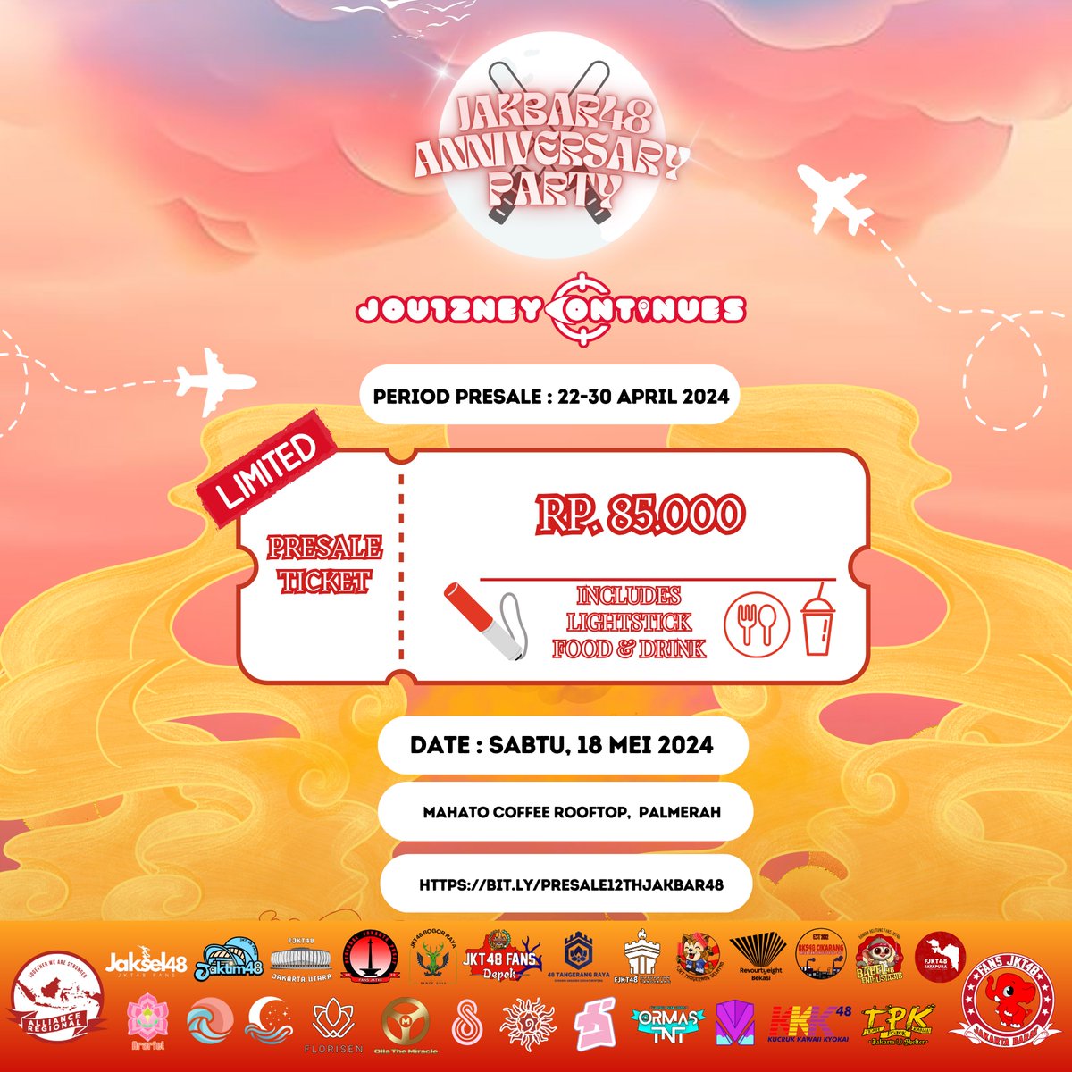 F_JakBar48's tweet photo. 🎉🎶 Ayo Rayakan Bersama! 🎶🎉

Ticket presale sudah dibuka! Berikut cara pembelian dengan cara mengisi link:

📆 Tanggal: 18 Mei 2024
⏰ Waktu : 15.45 (open gath) 
📍 Lokasi: Mahato Rooftop Cafe, Palmerah
🎟️ Detail Tiket PRESALE: 85k 
Cara Membeli: https://t.co/G8zqZU5kVM https://t.co/p0O4bRrZHW