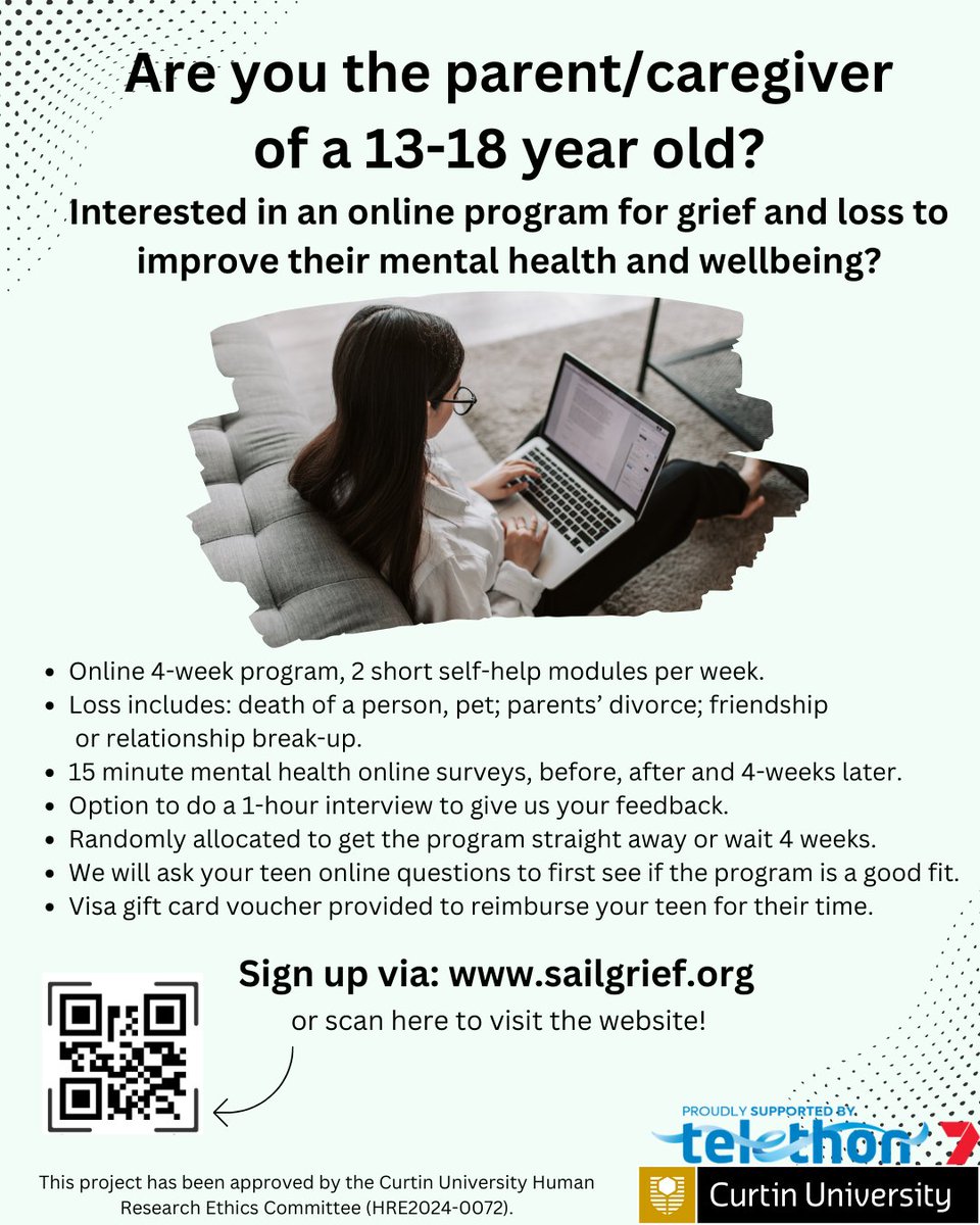 Are you the parent of a young person aged 13-18? We're looking for Australian teens to do a new online cognitive behaviour therapy program for grief. For more info and to sign up: sailgrief.org ⛵️ Please RT!

@Telethon7

#telethon7 #griefandloss #MentalHealthSupport