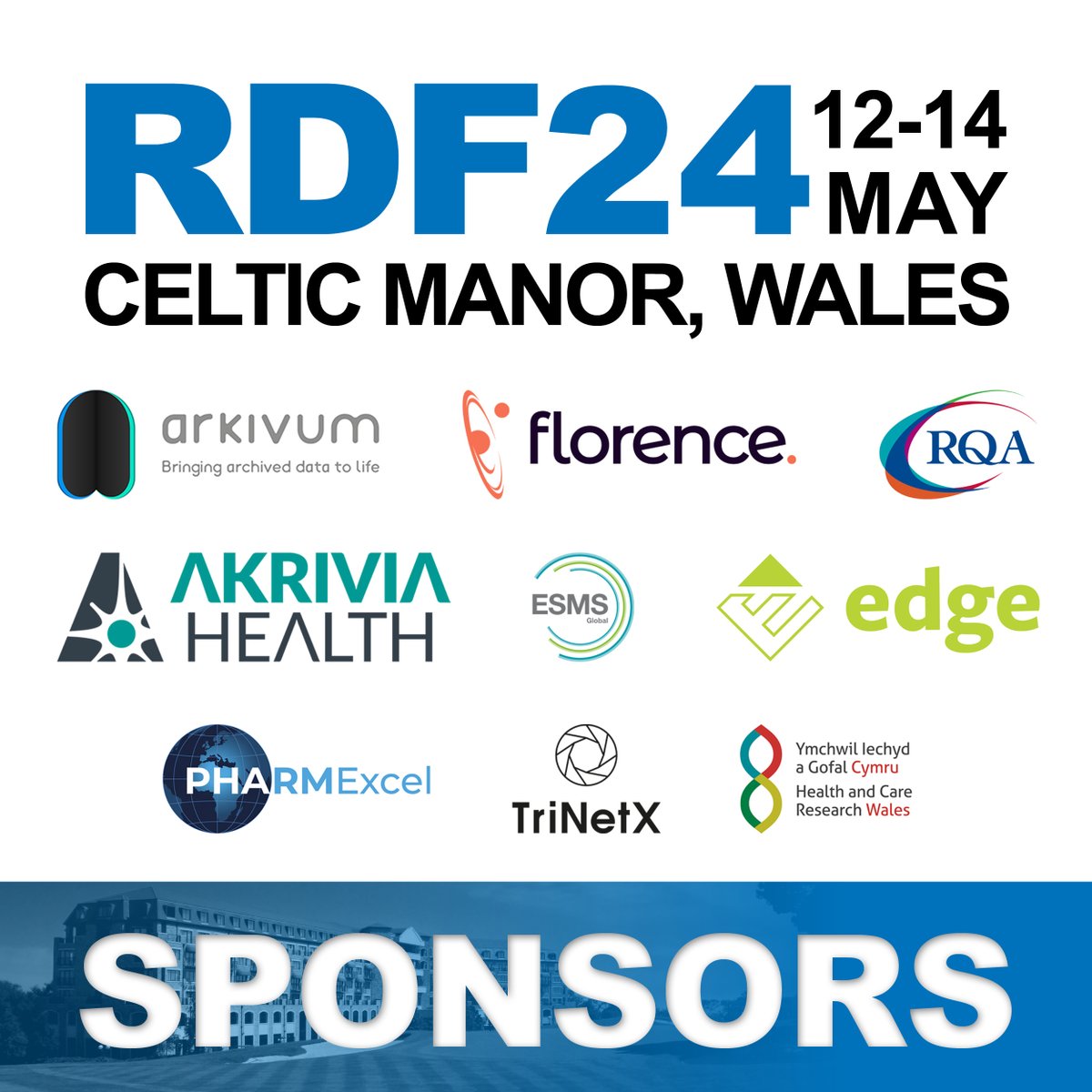 @TheRDForum would like to thank all the Sponsors of the RDF24 Conference for their support: > @Arkivum > Florence Healthcare > @The_RQA > @AkriviaHealth > @EsmsGlobal > @EDGEclinical > @PHARMExcel1 > @TriNetX > @ResearchWales #RDF24 #HealthcareResearch #UKHealthcare