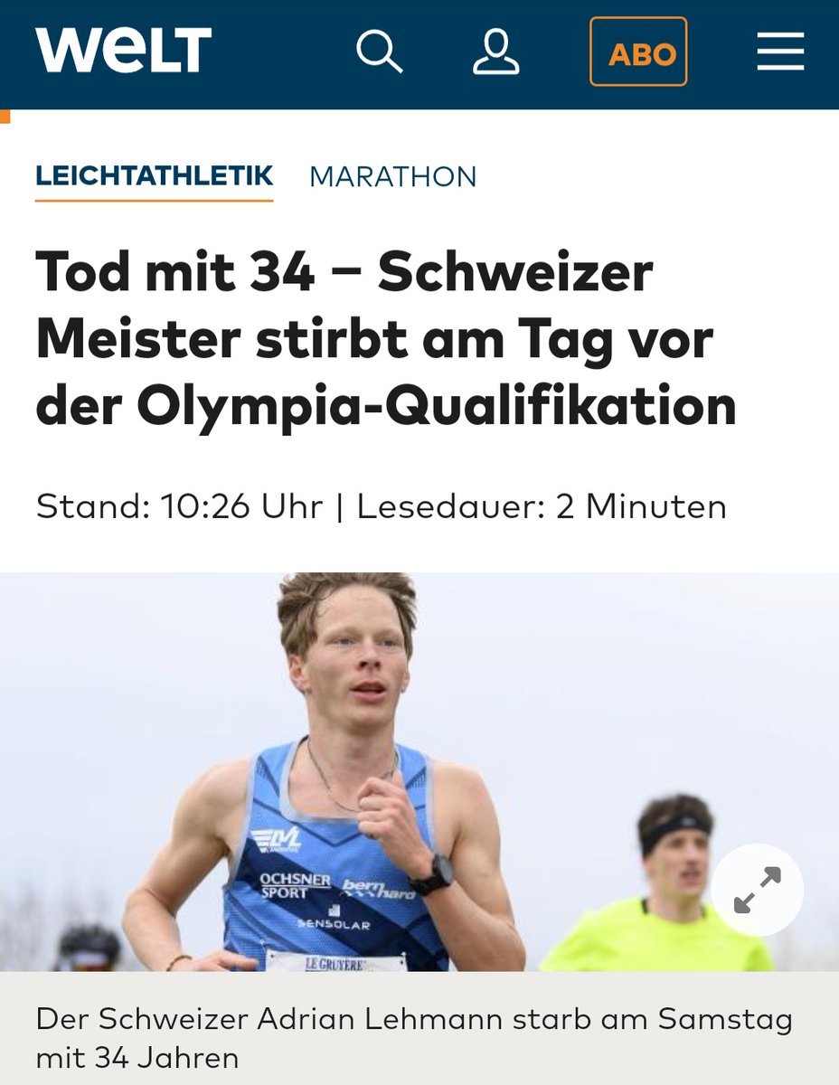 Der Schweizer Meister im Marathon, Adrian #Lehmann, starb #PlötzlichUndUnerwartet im Alter von nur 34 Jahren an einem Herzinfarkt. Solche traurigen Fälle gab es schon immer, aber sie scheinen sich seit 2021 zu häufen! 🤔😖😔 welt.de/sport/leichtat…