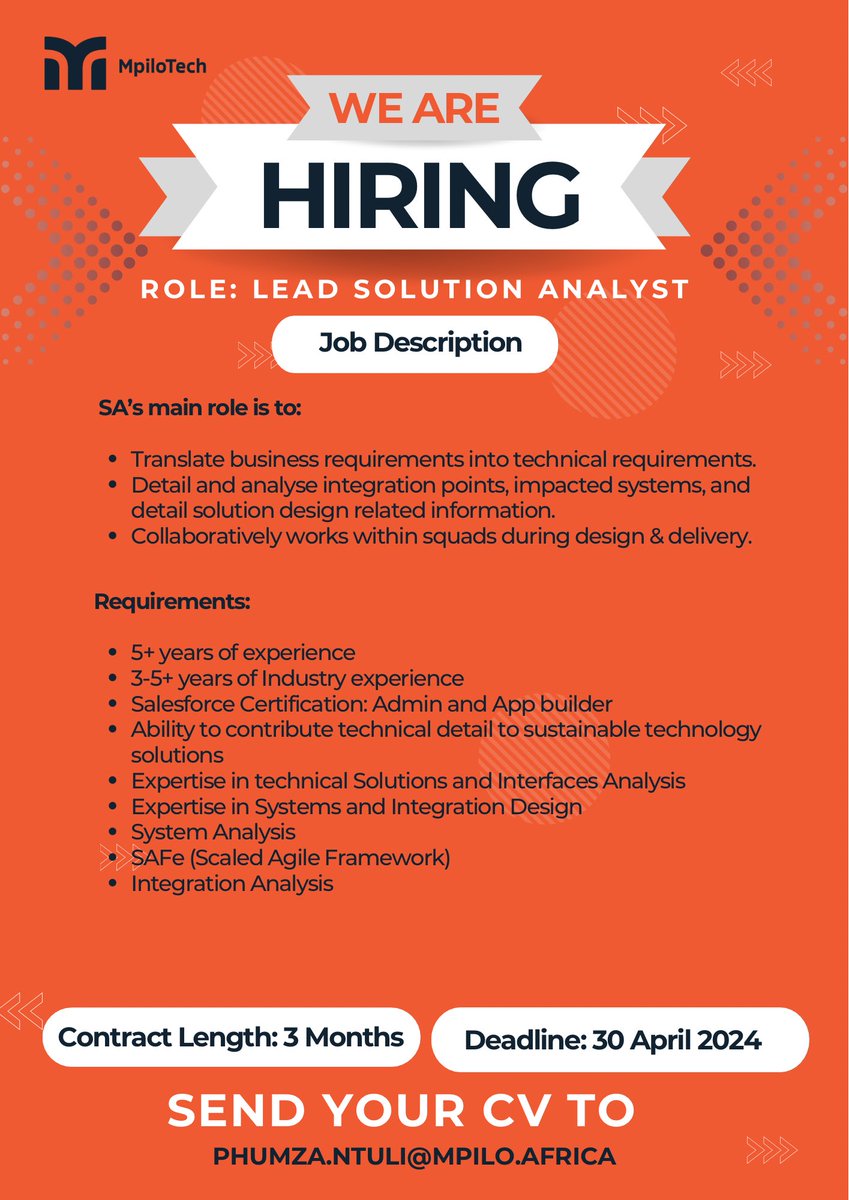 MpiloTech's tweet image. WE ARE HIRING!!! 📢📢📢

Join us for an exciting opportunity as a Lead #SolutionAnalyst

Hiring Company: Mpilo Technologies
Position: Lead Solution Analyst
Salary: Market related
Term: 3 Months 

Send your CV to: phumza.ntuli@mpilo.africa 

Deadline: 30 April 2024

#MpiloTech
