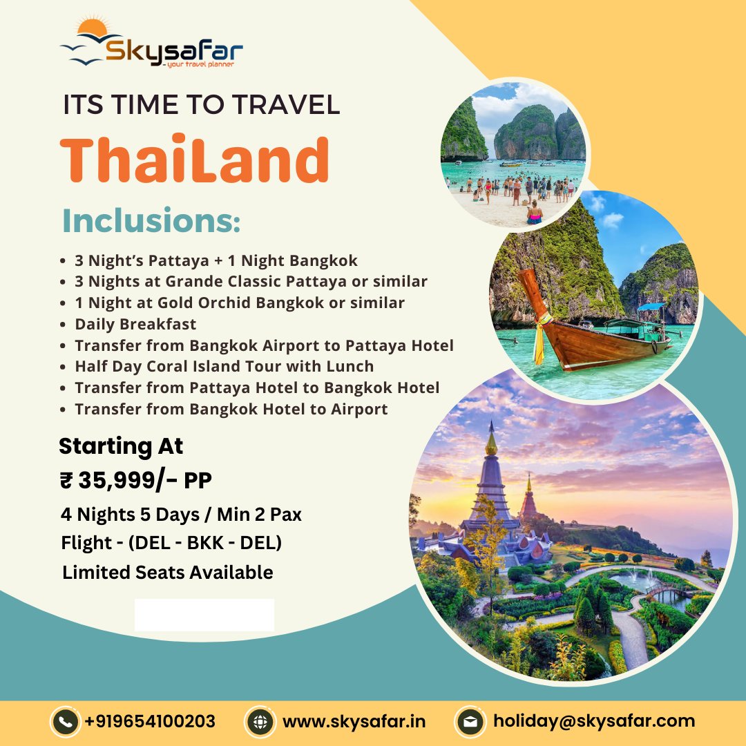 Thailand Tour Package Ex Delhi
Call for Bookings : 9654100203
Email : support@skysafar.in
Web: skysafar.in/tours/thailand…
#skysafar #thailand #thailandtourpackage #thailandtrip #thailandtravel #thailandtourism #travel #tourism #travelling #summer #world