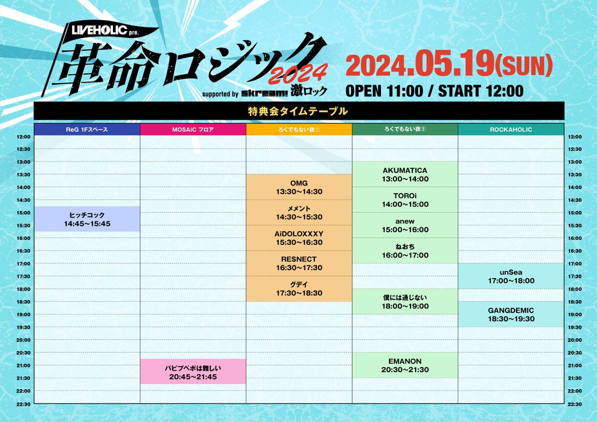 🎊🎊タイムテーブル解禁🎊🎊
5月19日(日)開催の革命ロジック2024のタイムテーブルが遂に解禁！
総合受付はMOSAiCで必ずリストバンドを交換してから各会場足をお運びください。

⚠️ROCKAHOLICステージのみ観覧の方は直接会場で受付をお願いします！

チケットはこちらから↓
eplus.jp/sf/detail/4049…