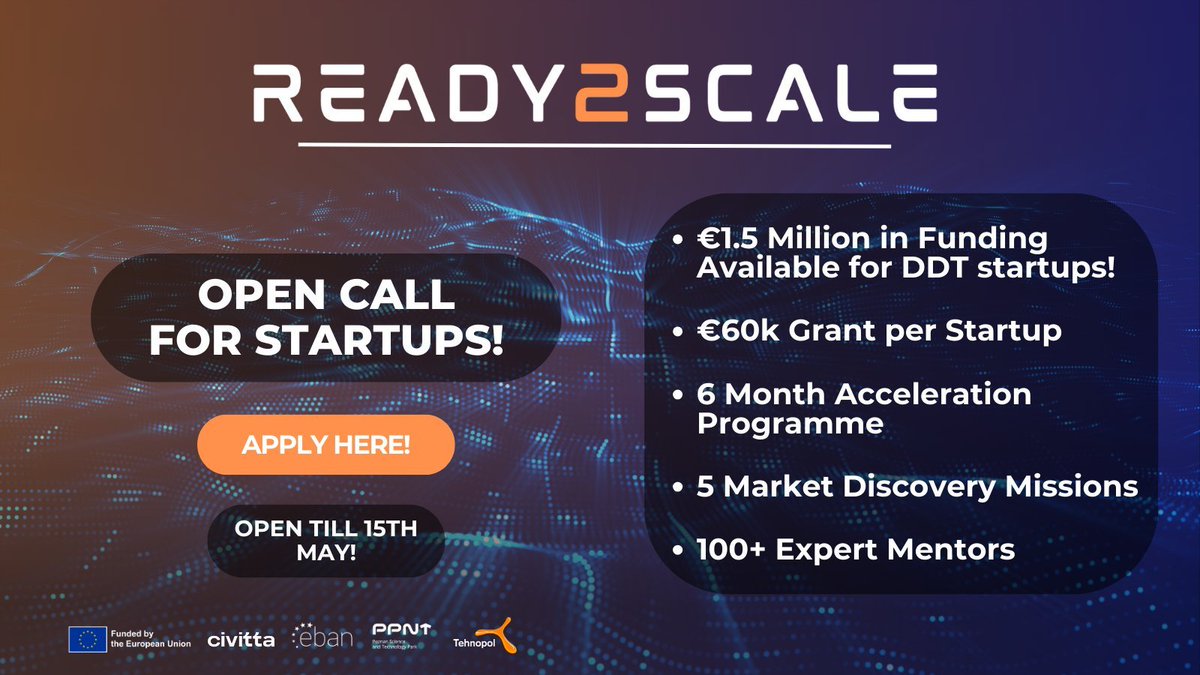 #EUInnovationEcosystems-funded Ready2Scale project’s Acceleration Program is open for applications! It offers: 🚀 a 6-month journey, 💻 supporting 25 #digital & #deeptech startups, 💶 with grants up to €60 000. Find out more & apply by 15 May 👇 bit.ly/3UsMjfq