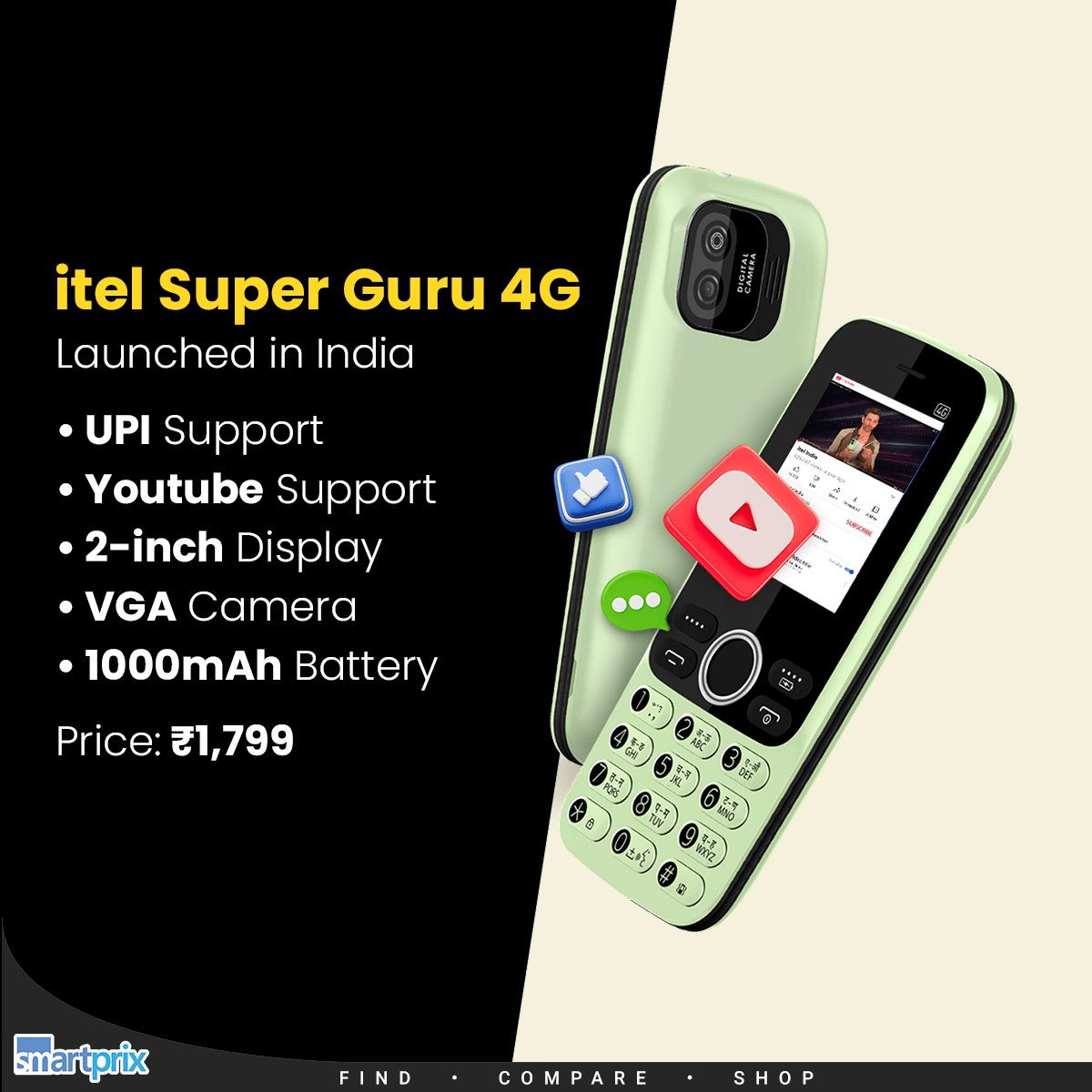 Smartprix's tweet image. itel Super Guru 4G feature phone launched with in-built UPI feature

#itel #itelSuperGuru4G #FeaturePhone