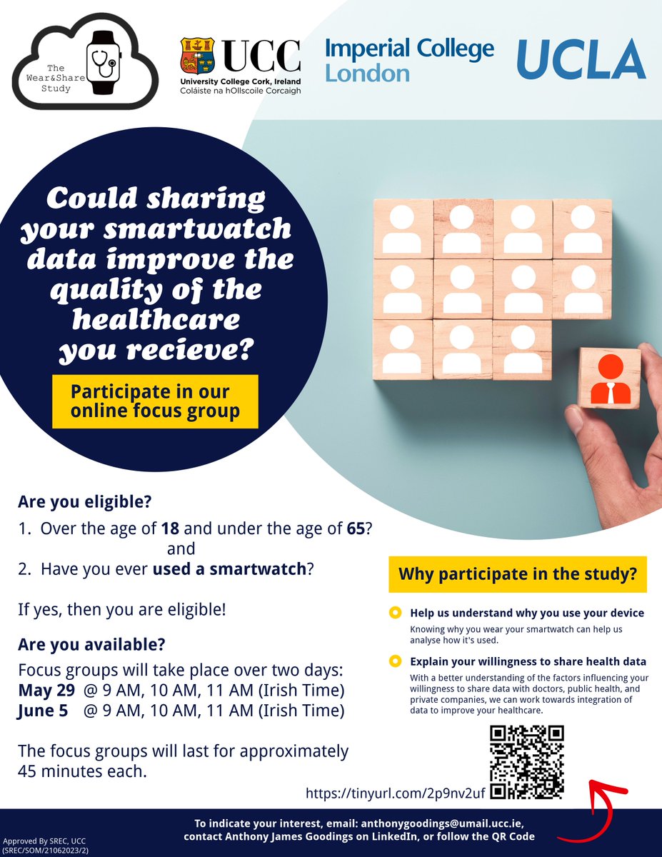 If you are curious about how people use #smartwatches and how the data they collect could be put to good use, we're inviting anyone interested to take part in our online focus groups taking place on the 29th of May and the 5th of June. Sign up link: ucc.qualtrics.com/jfe/form/SV_6D…