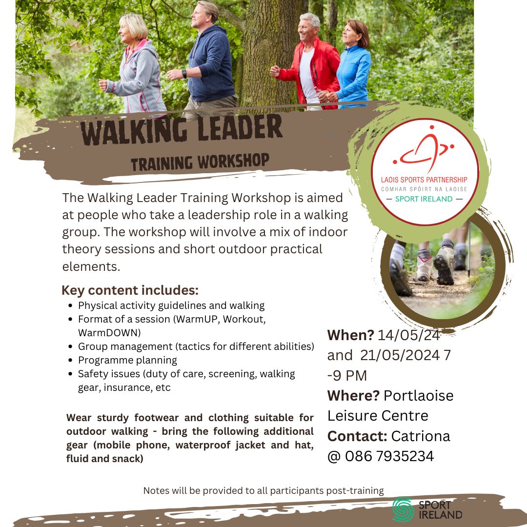 Calling all trailblazers and nature enthusiasts! If you're passionate about leading walking groups and creating memorable outdoor experiences, this workshop is for you. Contact Catriona @ 086 7935234