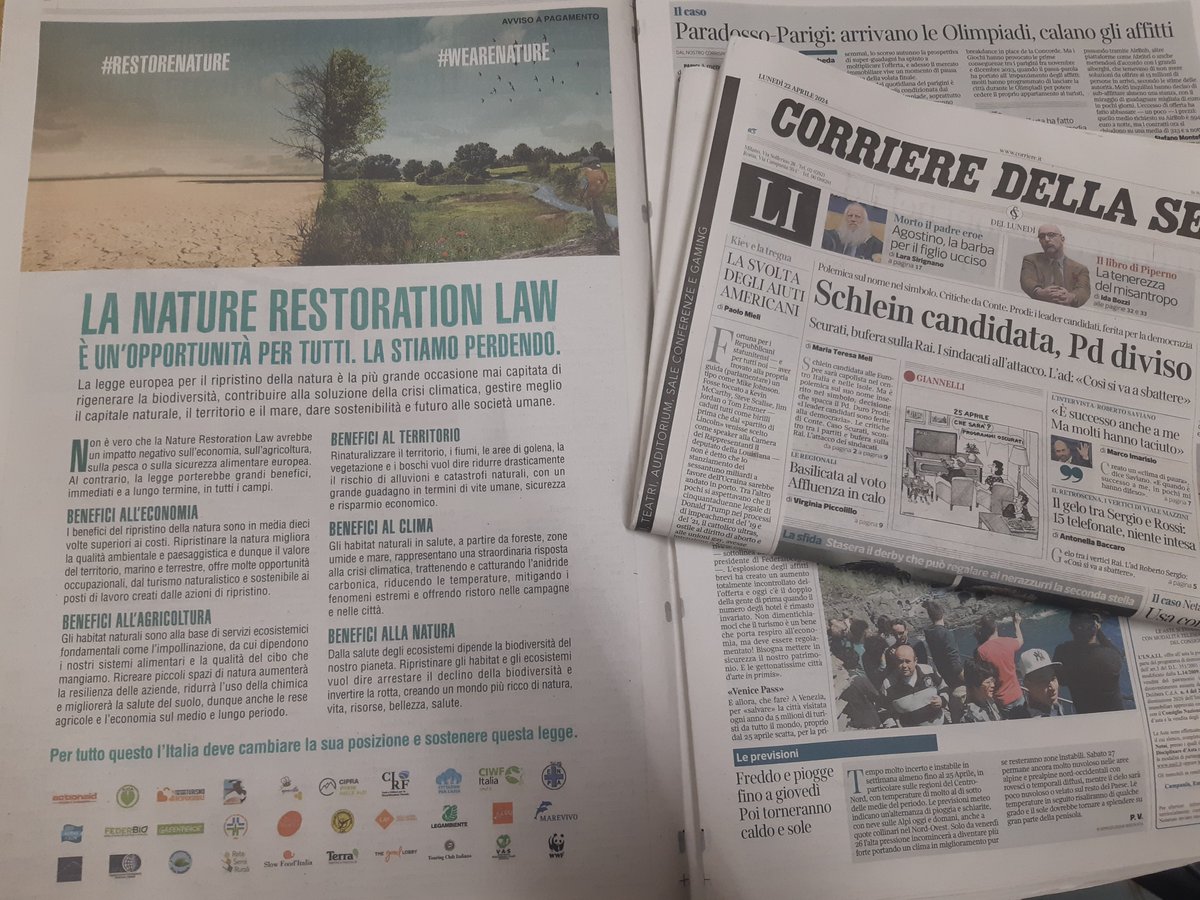 La Nature Restoration Law è cruciale per salvare la biodiversità, combattere i cambiamenti climatici e sostenere l'economia.

Oggi, #earthday, 30 associazioni italiane chiedono su @Corriere a @GiorgiaMeloni e  @GPichetto di agire per il futuro📷📷 #RestoreNature #WeAreNature