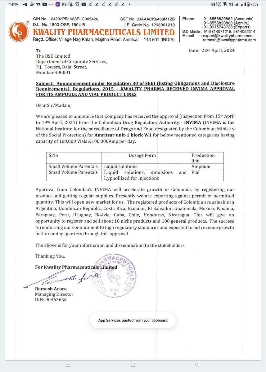 Stockxwatcher's tweet image. Stock: KWALITY PHARMA

KWALITY PHARMA RECEIVED INVIMA APPROVAL 
FOR ITS AMPOULE AND VIAL PRODUCT LINES

#KWALITY PHARMA #stockmarket #stocks #investing #trading #investment #RCBvsKKR  #Stocknews #Stockxwatcher #PBKSvsGT #EarthDay