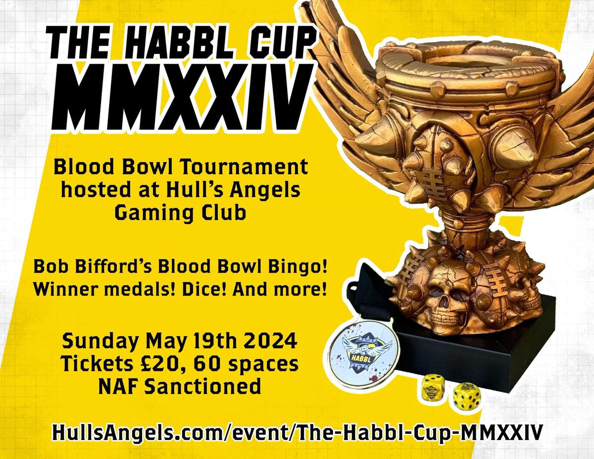HullsAngelsClub's tweet photo. Not long to go until The HABBL Cup MMXXIV #BloodBowl #tournament at Hull's Angels Gaming Club!

We hope to see you there on Sunday May 19th in Hull! 

https://t.co/fCxRwi58VL https://t.co/qKpJ0bPMfu