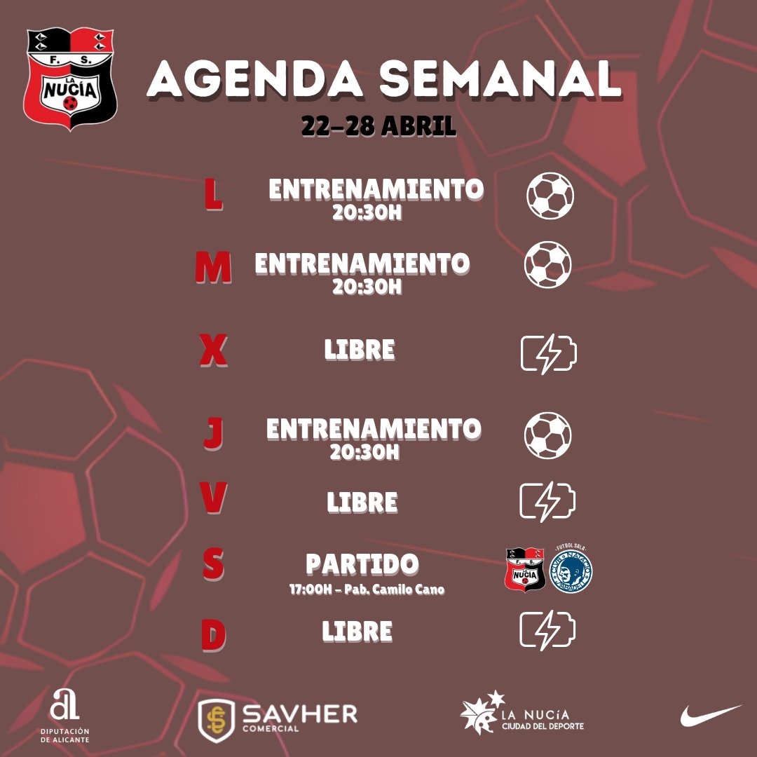 📅𝐀𝐆𝐄𝐍𝐃𝐀 𝐒𝐄𝐌𝐀𝐍𝐀𝐋

El equipo vuelve esta tarde a la carga para prepara el importante partido del sábado.

🆚 <a href="/CNSFUTBOLSALA/">CNS FUTBOL SALA</a>

📆Sábado 27/abril
⏰17:00H
📍 Camilo Cano

#vamosnucía❤️🖤