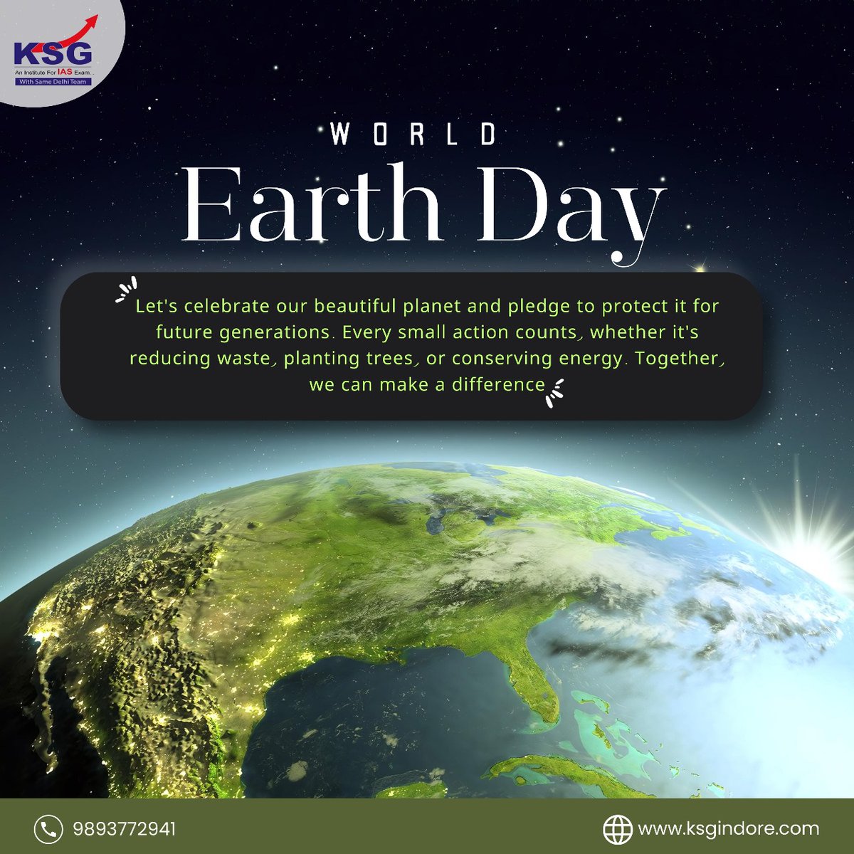 Happy World Earth Day 🌏

#KSGIndore #UPSCPreparation #CivilServicesExam #IASCoaching #WorldEarthDay #EarthDay #SavePlanetEarth #ProtectOurPlanet #SustainableLiving #EcoFriendly #GreenEarth #GoGreen