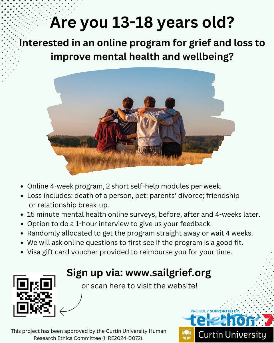 We're looking for young people aged 13-17 in Australia to do a new online cognitive behaviour therapy program for grief co-designed with young people. Sign up: sailgrief.org. Please RT ⛵️

@Telethon7

#telethon7 #projectSAIL #griefandloss #griefsupport #mentalhealth
