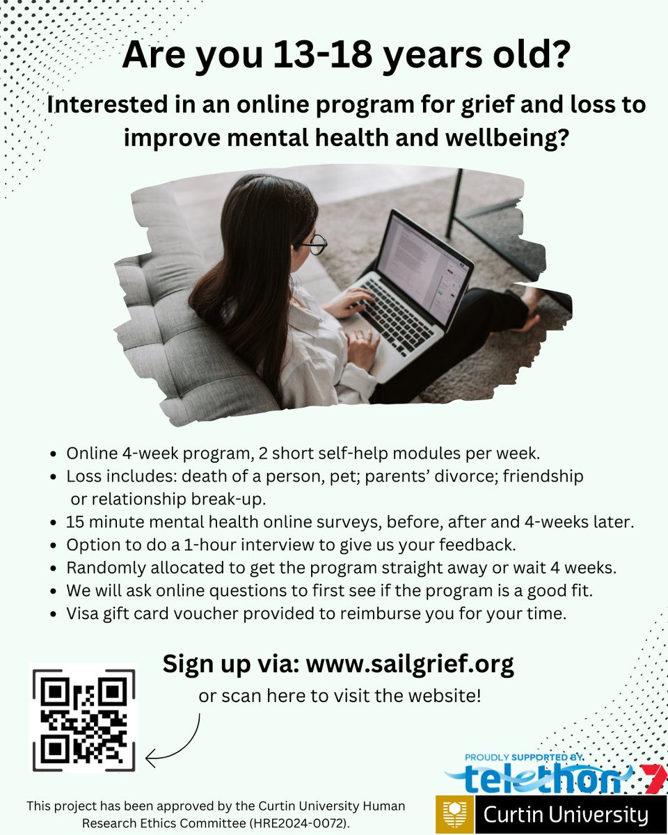 We're looking for young people aged 13-18 in Australia to do a new online cognitive behaviour therapy program for grief co-designed with young people. Sign up: sailgrief.org. Please RT ⛵️ @Telethon7 #telethon7 #projectSAIL #griefandloss #griefsupport #mentalhealth