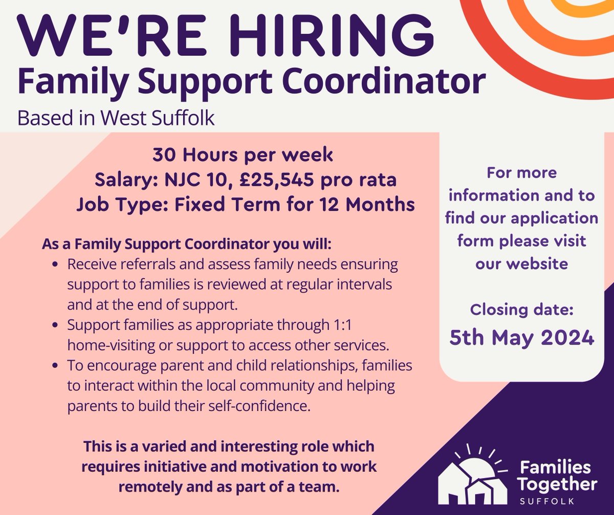 An exciting opportunity has arisen to join the Families Together Suffolk team. We're on the lookout for a Family Support Coordinator to make a difference to the lives of families and based in West Suffolk. Find our more and apply now: familiestogether.tiagrace.co.uk/family-support…