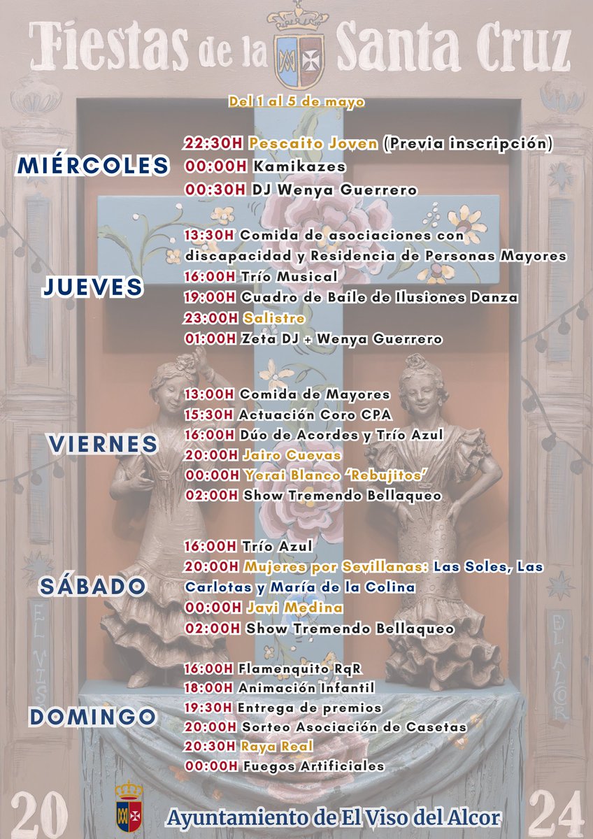 Esta es la programación de las Fiestas de la Santa Cruz 2024 en nuestra Caseta Municipal.

Espero que sea de vuestro gusto para que todos disfrutemos de unos días tan señeros en nuestro municipio.