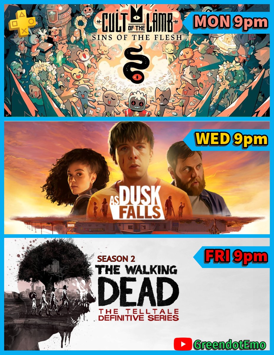 New streaming schedule for this week! 15th - 19th April @ 9pm

🟨 PS Plus Mon - Cult of The Lamb
🟧 Wed - As Dusk Falls: Chapter 4 
🟥 The Walking Dead Fridays - S2 E03

It's also WASD week! I'll be attending on Thursday so come and say hello!

youtube.com/@GreendotEmo