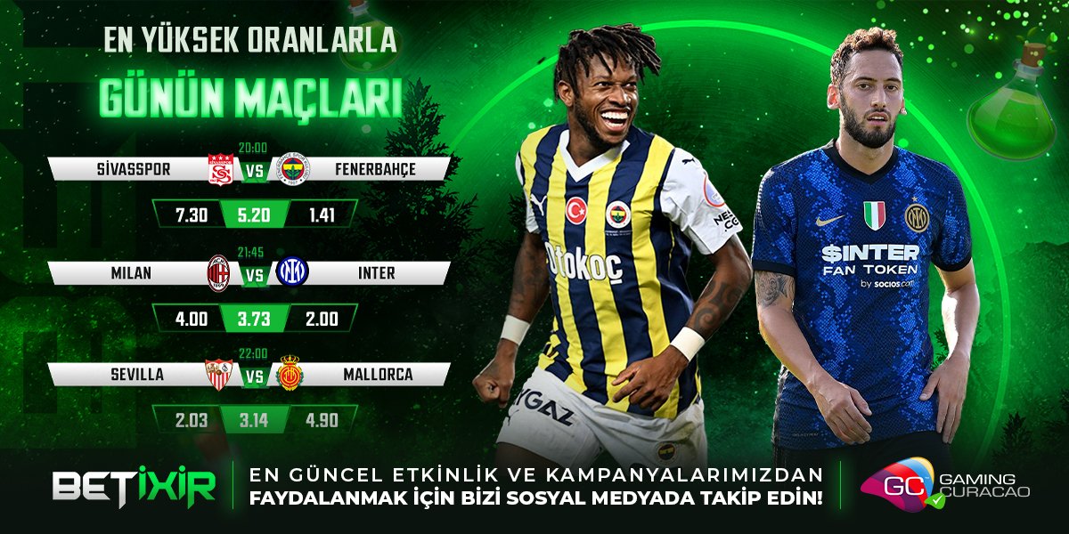 📢#TrendGroup 'ta Günün En Heyecanlı Maçları Dev Oranlarla Sizlerle‼️

🕒 20:00 - Sivasspor⚔️Fenerbahçe
🕒 21:45 - Milan⚔️Inter
🕒 22:00 - Sevilla⚔️Mallorca

🎯t.ly/betixirgir