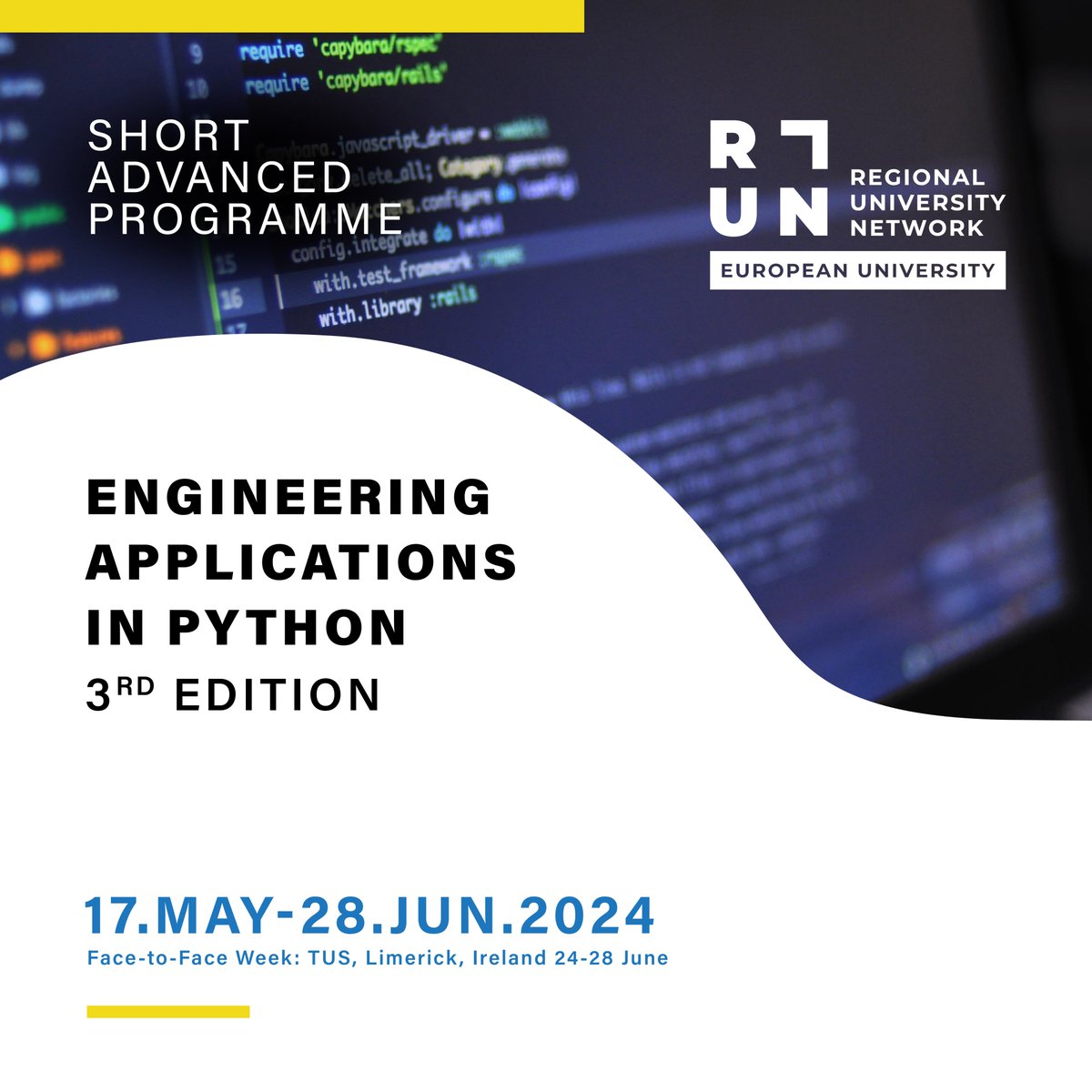 💻 Want to learn all about an object-oriented, high-level programming language with dynamic semantics? Short Advanced Programme ENGINEERING APPLICATIONS IN PYTHON – 3rd EDITION 17 May – 28 June 2024 APPLY BY 5 MAY +INFO: bit.ly/SAP_Engineerin… #run_eu #run_eu_sap