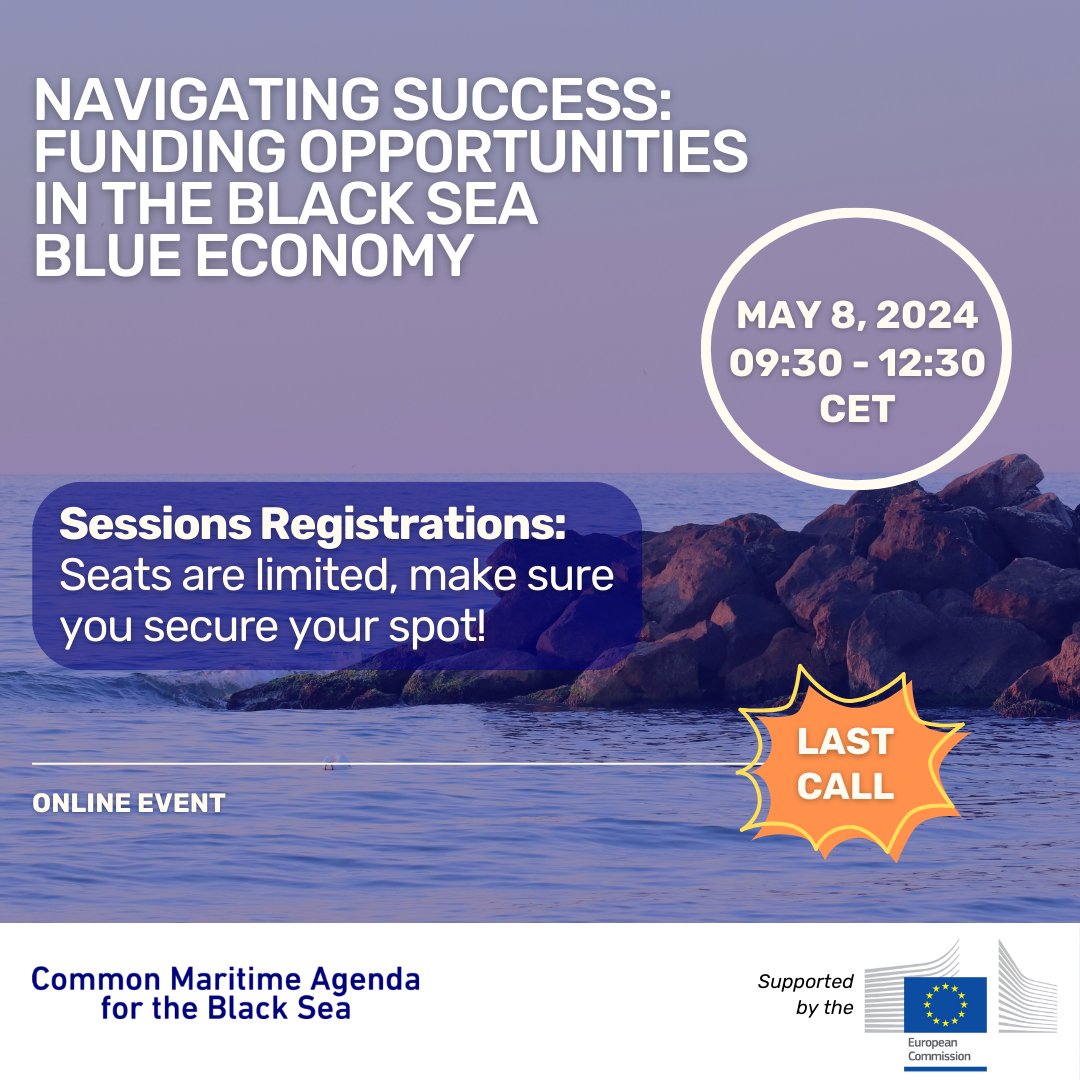 Last call for the regional event “Navigating Funding Opportunities in the Black Sea Blue Economy” on 8 May 2024! Registration closed on 3 May 2024! Register here👉 bit.ly/49sCSkB