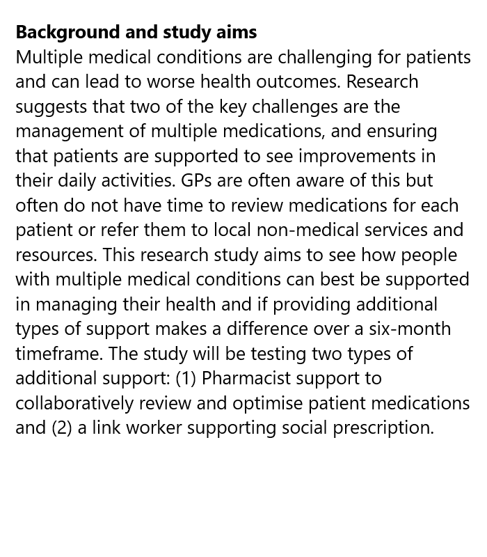 Supporting people living with multiple long-term conditions (multimorbidity) to manage their medicines and link to community resources Read about the new study by @pmrycaretrials1 @hrbireland @susanmsmith @PHPC_Medicine @TrinityMed1 at #ISRCTN isrctn.com/ISRCTN11585238