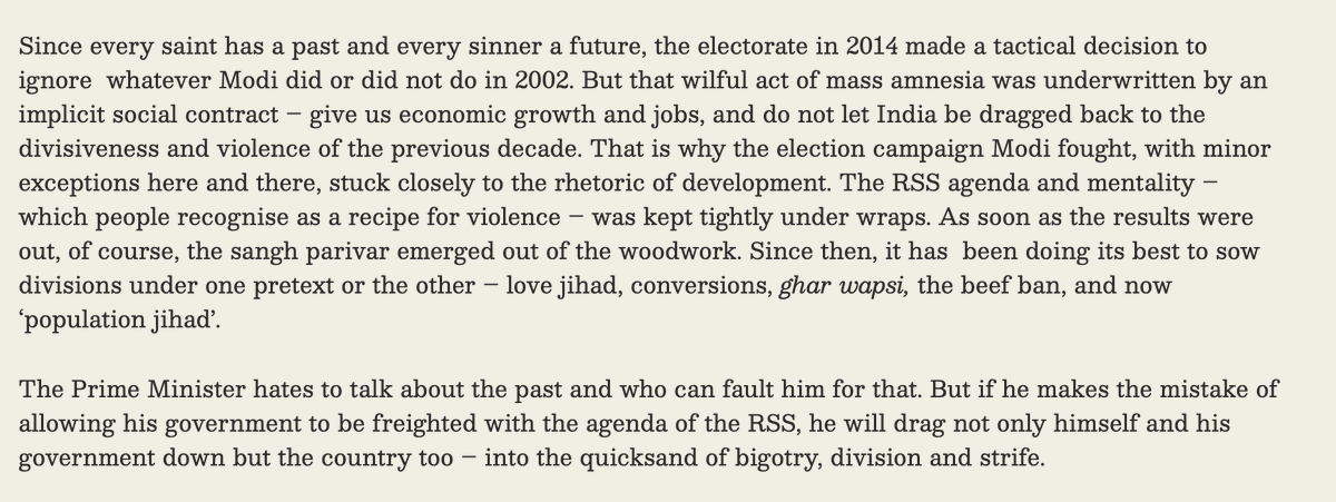 I wrote about Modi's filthy anti-Muslim speeches in 2002. In 2015 I noted how the electorate's wilful amnesia in making him PM was based on an implicit social contract—'Give us jobs, not communalism'. In 10 years, Modi has given only hate, no jobs. thewire.in/politics/india…